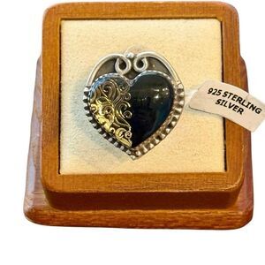 Southwestern Onyx Heart Ring – Adjustable Boho Sterling Style, Handmade Charm